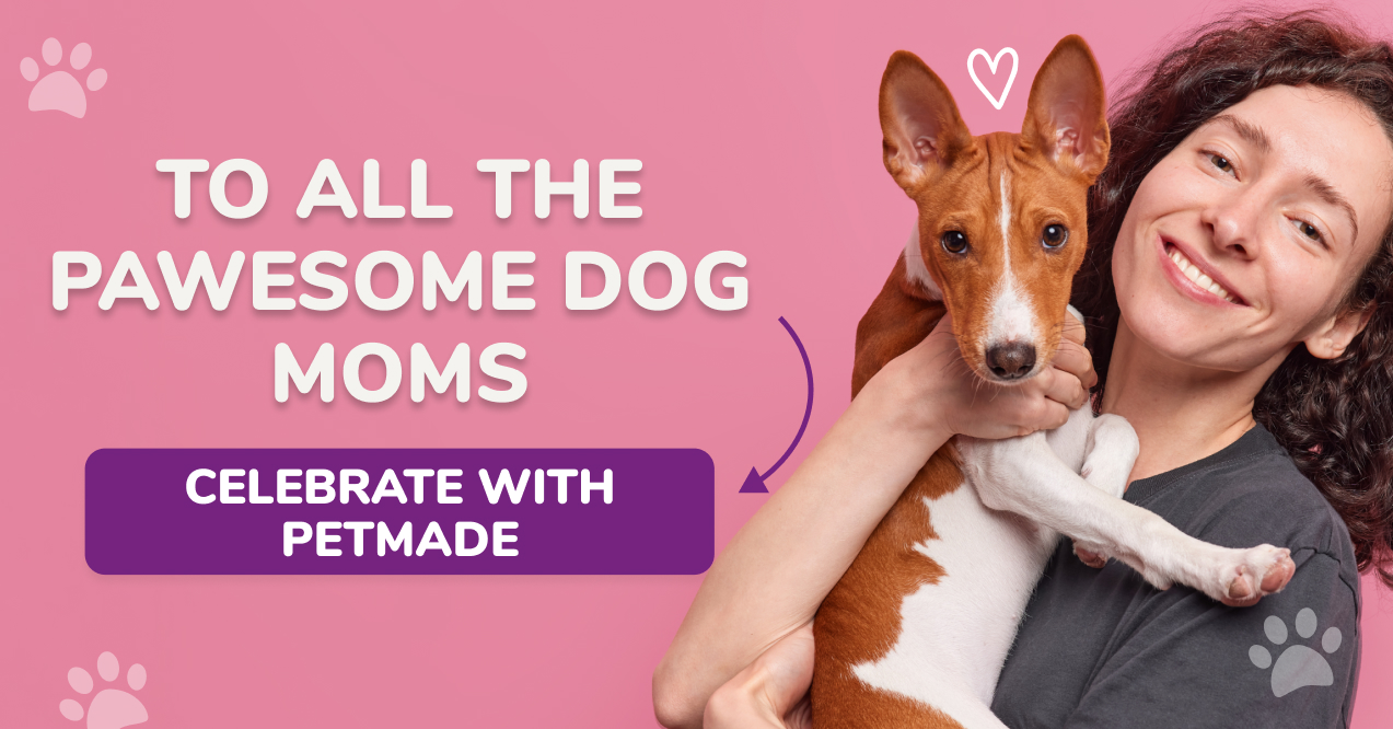 Woman holding dog with text: Celebrate dog moms with PetMade