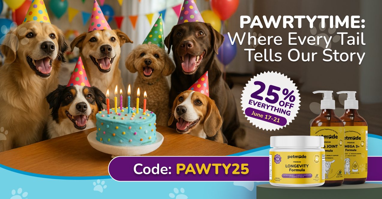 PetMade birthday sale banner with dogs and 25% off promo code PAWTY25.