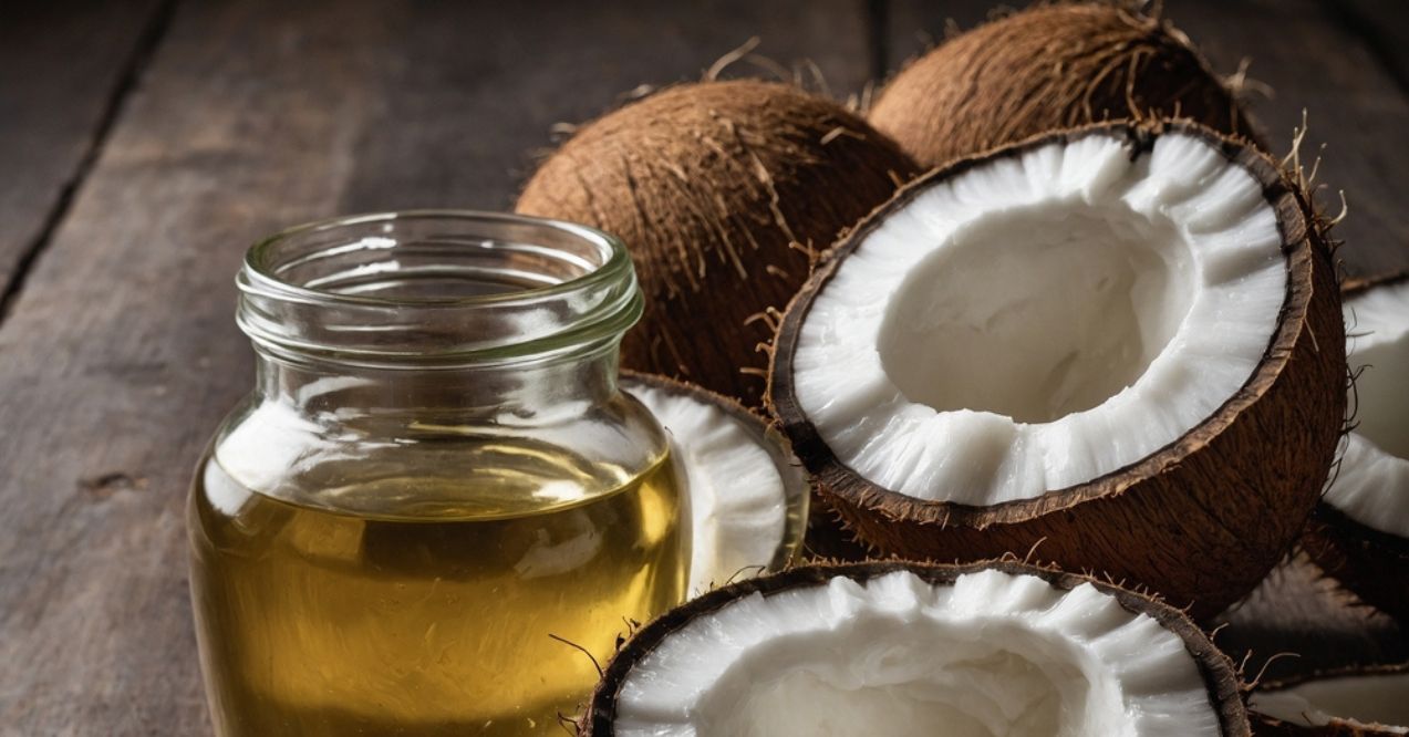 Glass jar of coconut oil next to halved coconuts on a wooden surface