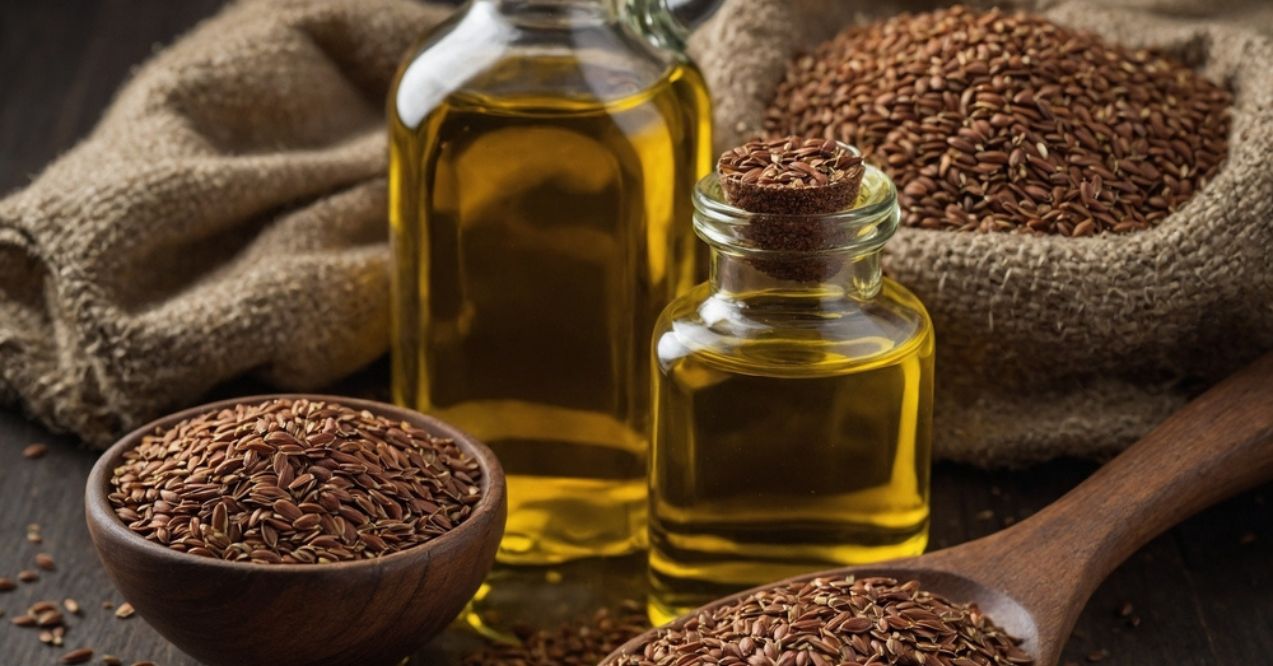 Glass bottles of flaxseed oil surrounded by flaxseeds in bowls and on a spoon