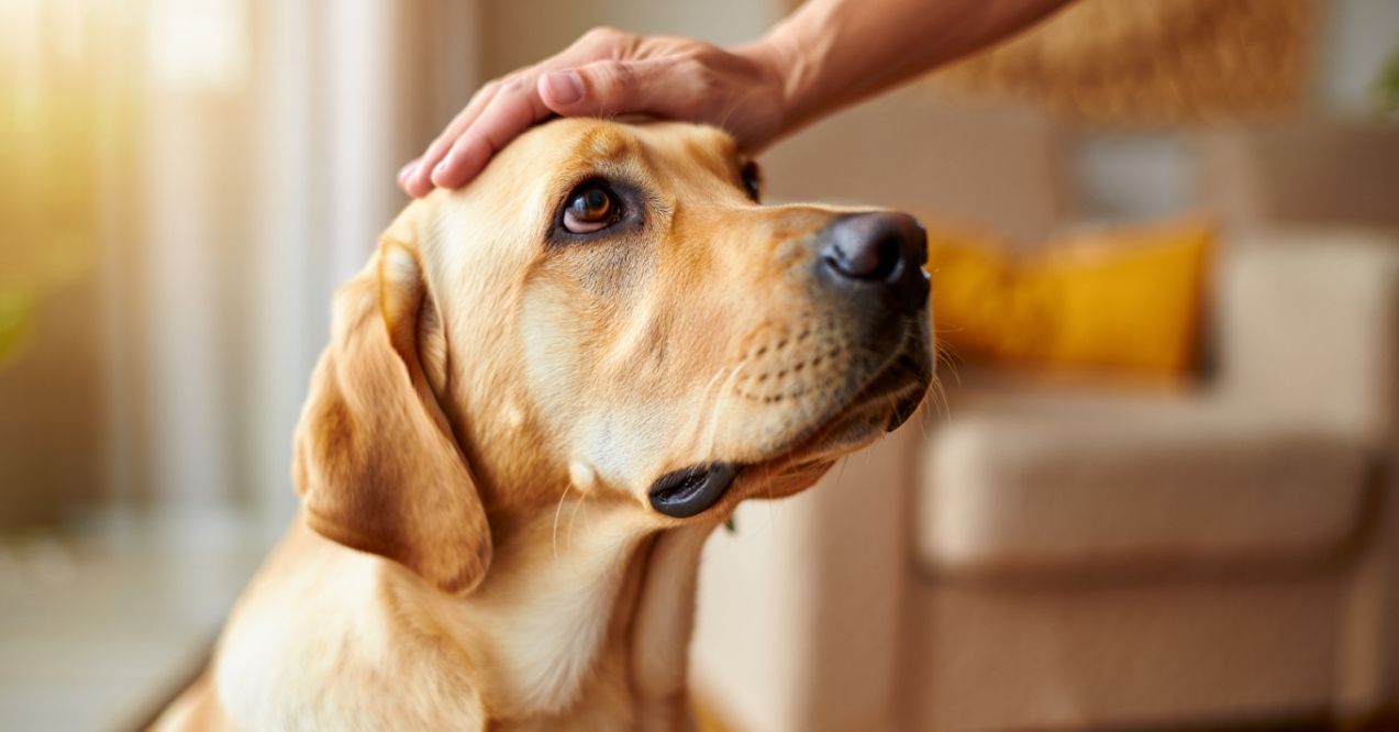 Labrador being gently petted indoors, looking calm and attentive