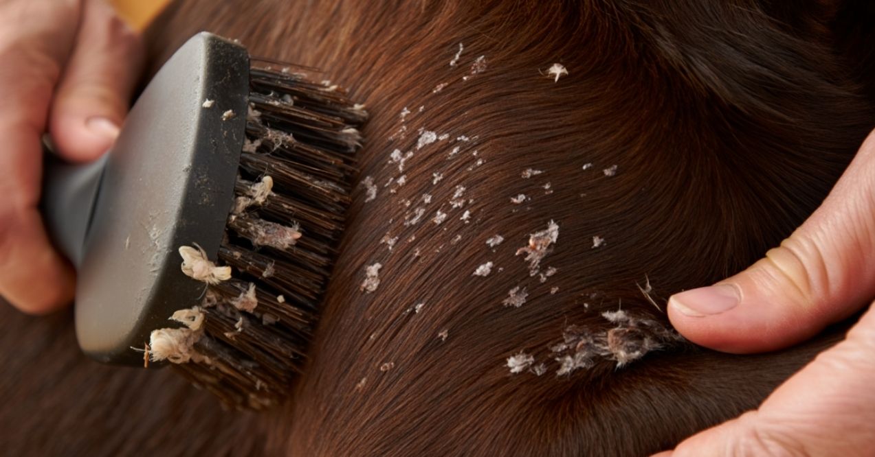 Labrador being brushed, showing heavy dandruff and flaky skin in coat