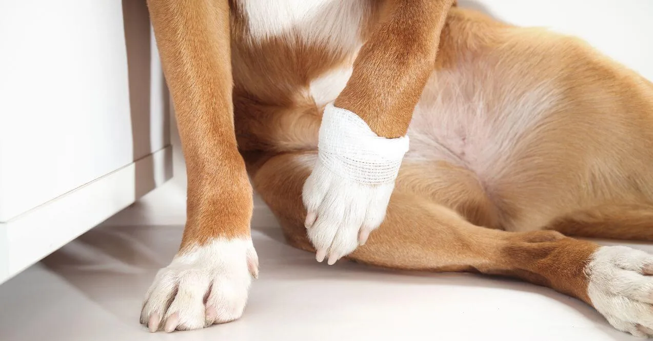 A dog's bandaged paw showing care and treatment for joint pain, explaining how to help dogs with joint pain.