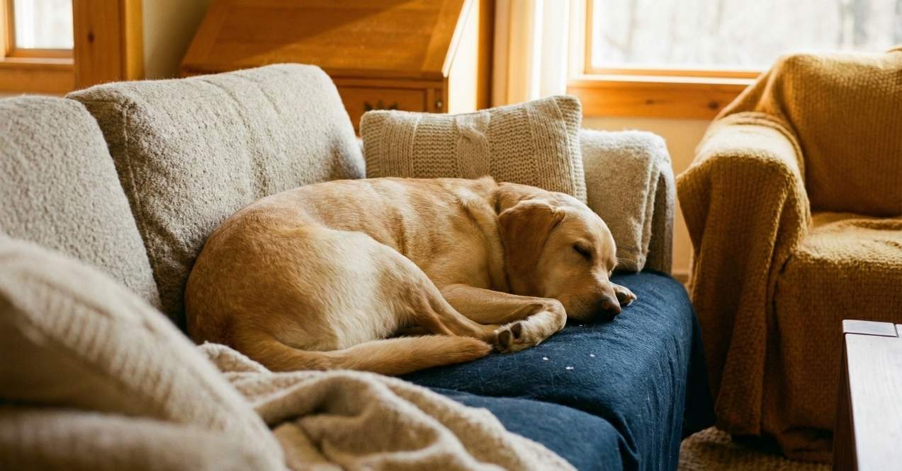 Labrador sleeping on couch with visible dandruff flakes