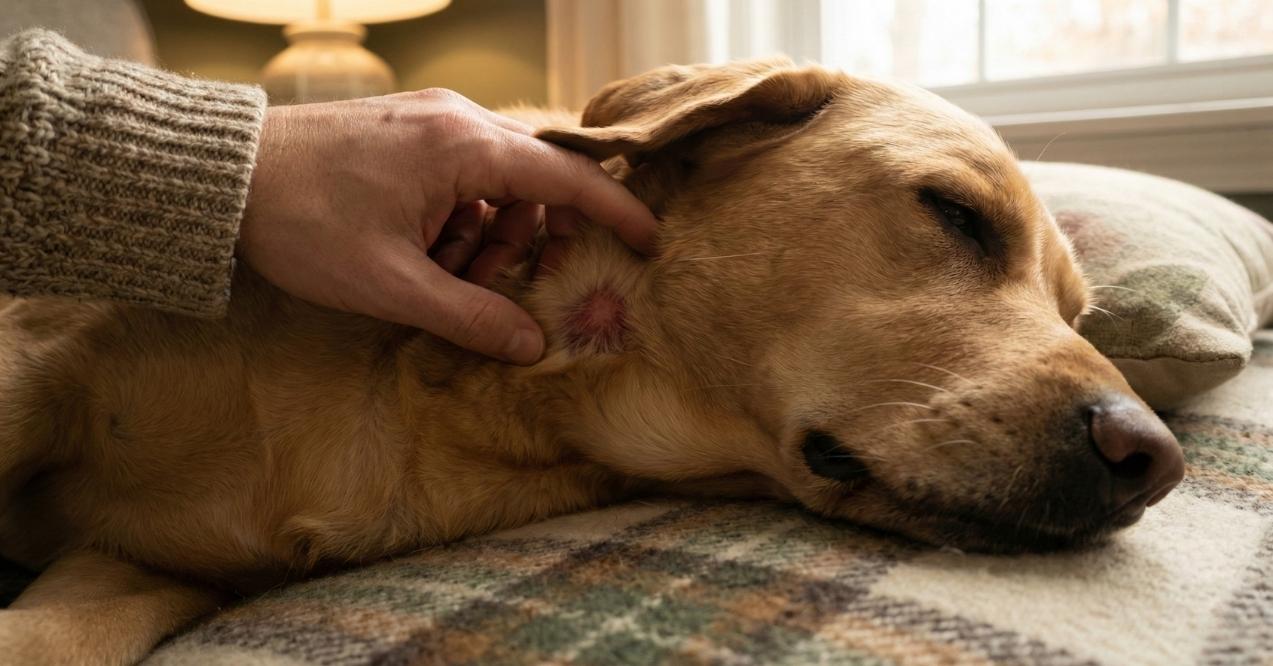 Hand inspecting a red hot spot on a Labrador’s neck