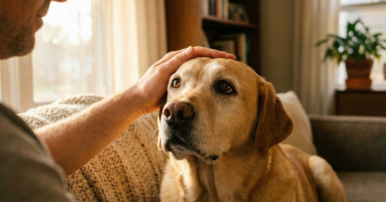 Labrador being gently petted indoors, looking calm and attentive