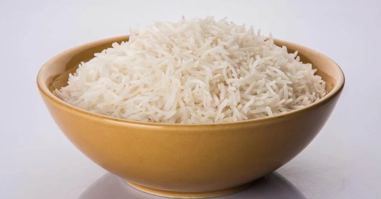 Bowl of cooked white rice on a plain background