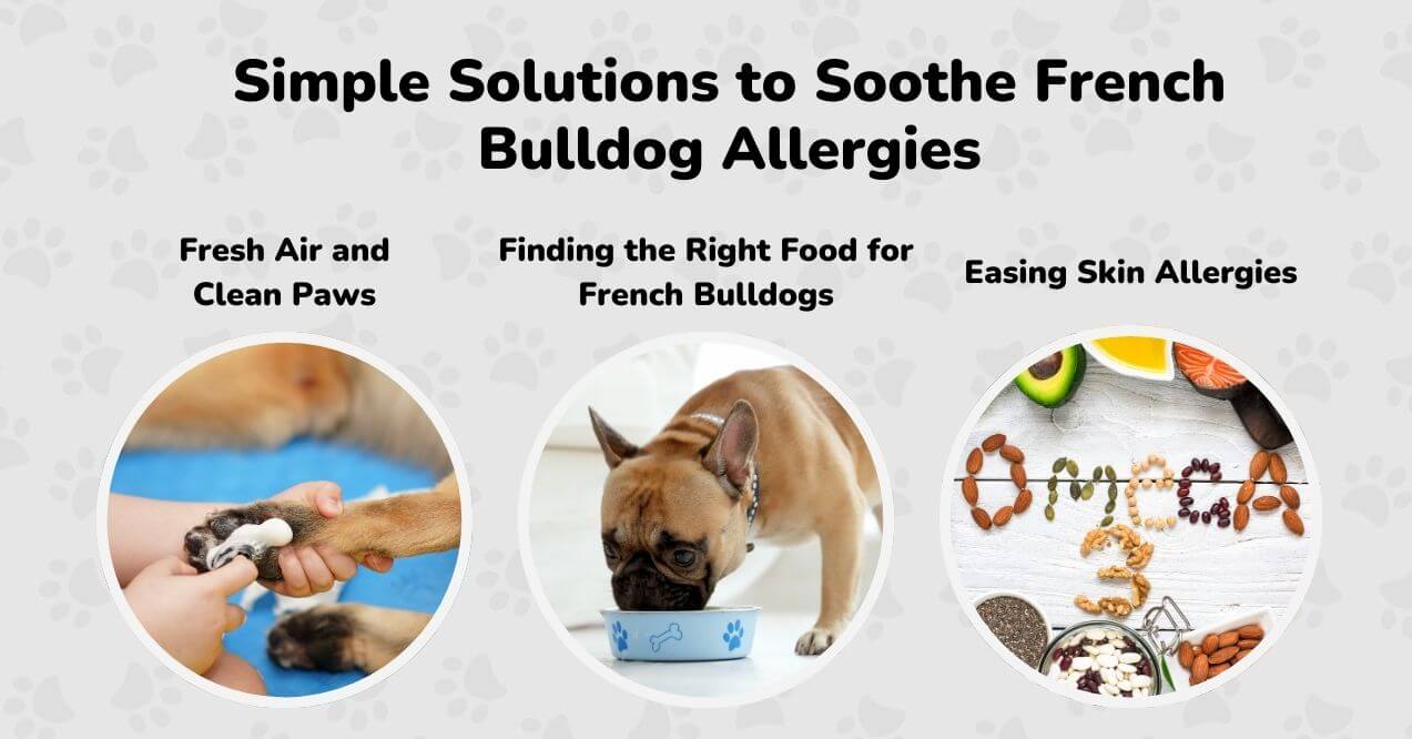 Graphic featuring solutions to alleviate french bulldog allergies, including clean paws, proper diet, and skin care with Omega-3.