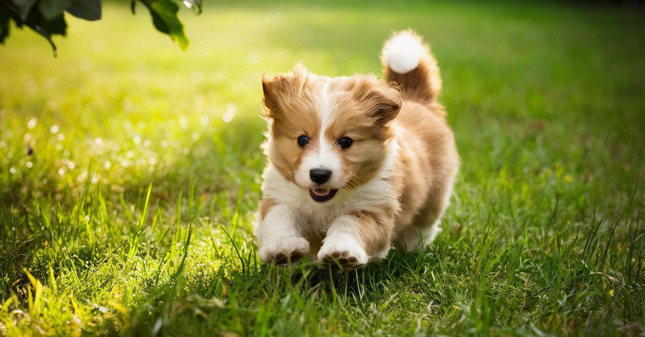 A fluffy puppy running on green grass, showcasing healthy energy and vitality.