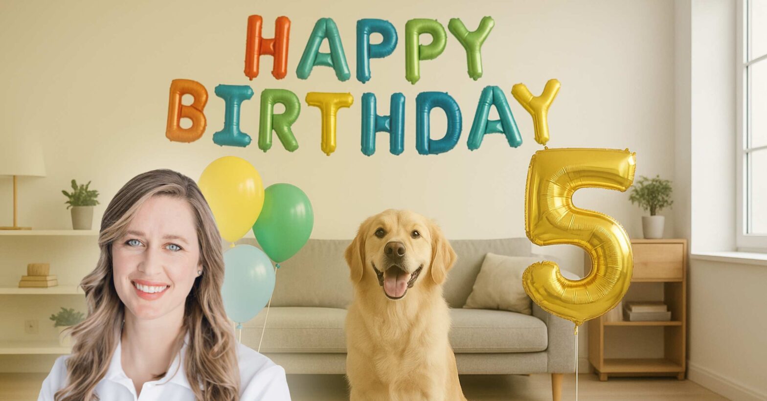 Dr. Katie Ryan celebrates PetMade’s 5th birthday with a happy golden retriever and balloons