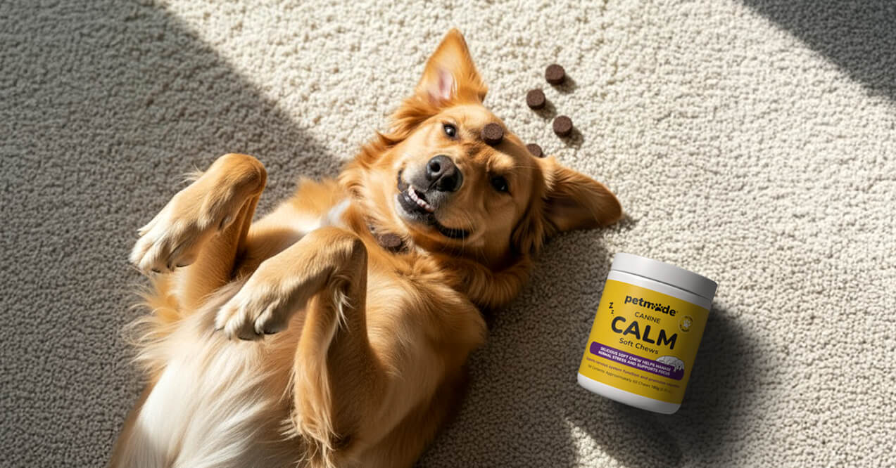 Dog lying on carpet beside PetMade Calm Soft Chews container