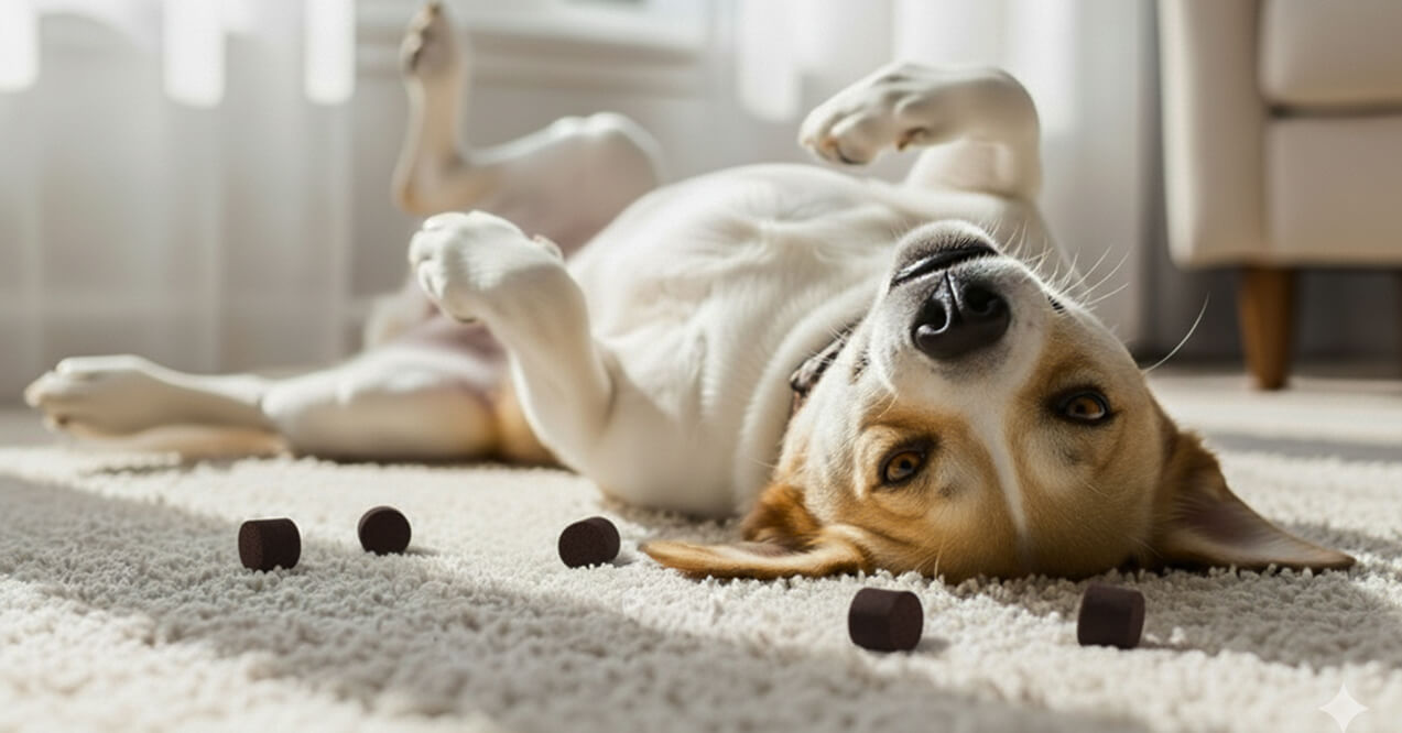 Relaxed dog lying on carpet with chews scattered around