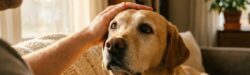 Labrador being gently petted indoors, looking calm and attentive